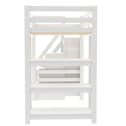 Loft Bed With 4 Layer Shelves, Storage Staircase, Small Wardrobe And LED Light