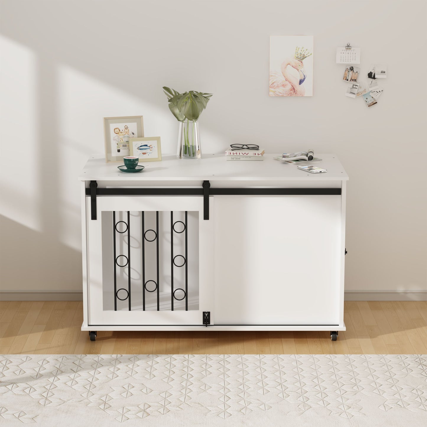 Dog Crate With Sliding Barn Door And Side Access, Lockable Wheels For Small To Medium Dogs - White