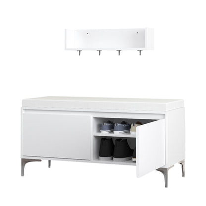 Wall Mounted Entryway Shelf With Hooks And Storage Bench Set - Off White