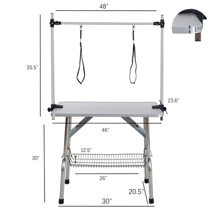 Folding Dog Pet Grooming Table Stainless Steel Frame Rubber Mat On Board With Adjustable Arm And Clamps Pet Dog Cat Grooming Table