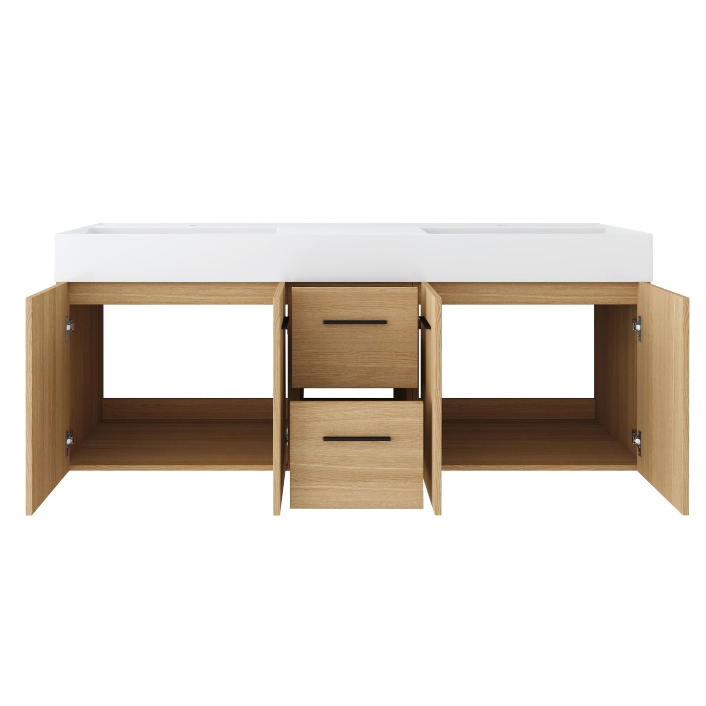 Floating Double Sink Bathroom Vanity With Drawers And Doors, Extra Large Storage, Integrated Sink, Soft Close Hardware - Glossy White / Light Oak