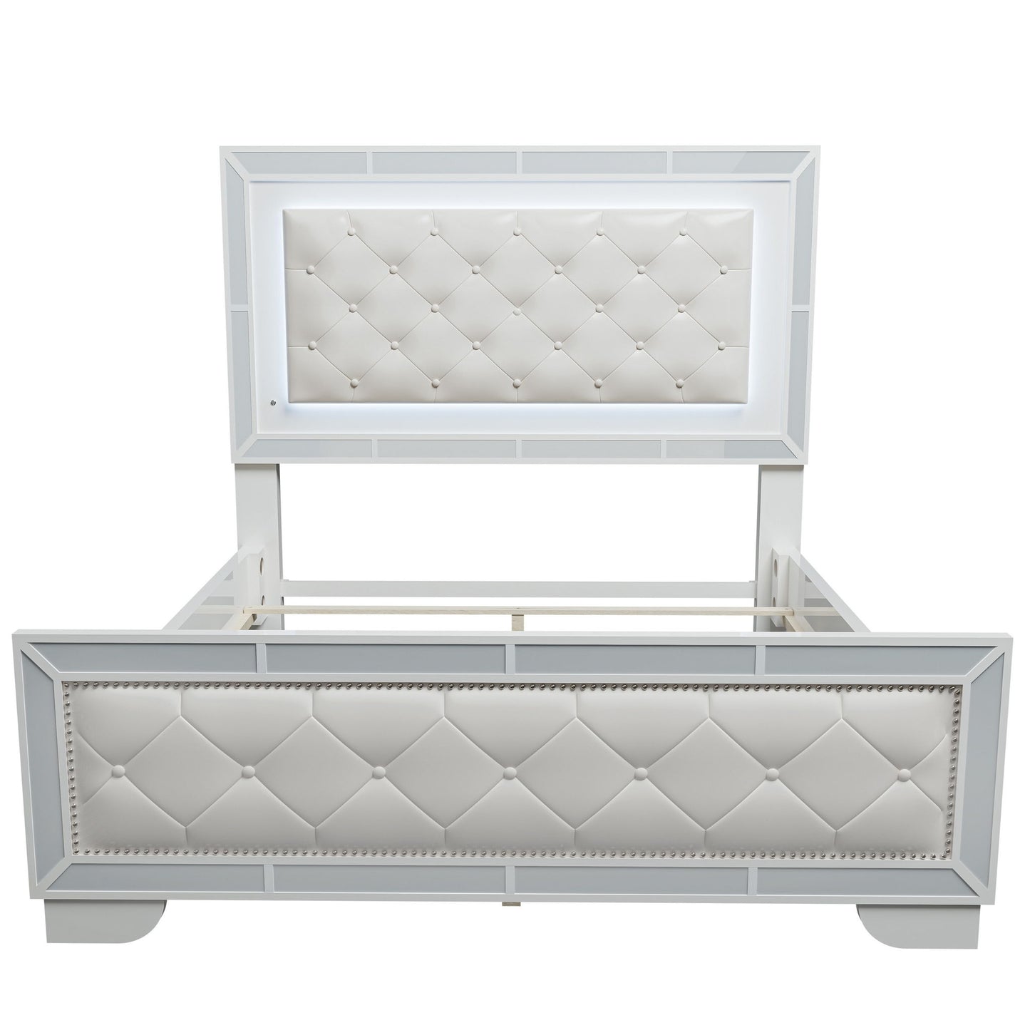 Eastern King Size Bed With LED Lights And Mirror Trim - Cream / Ivory