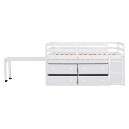 Loft Bed With Retractable Writing Desk And 4 Drawers, With Lateral Portable Desk And Shelves