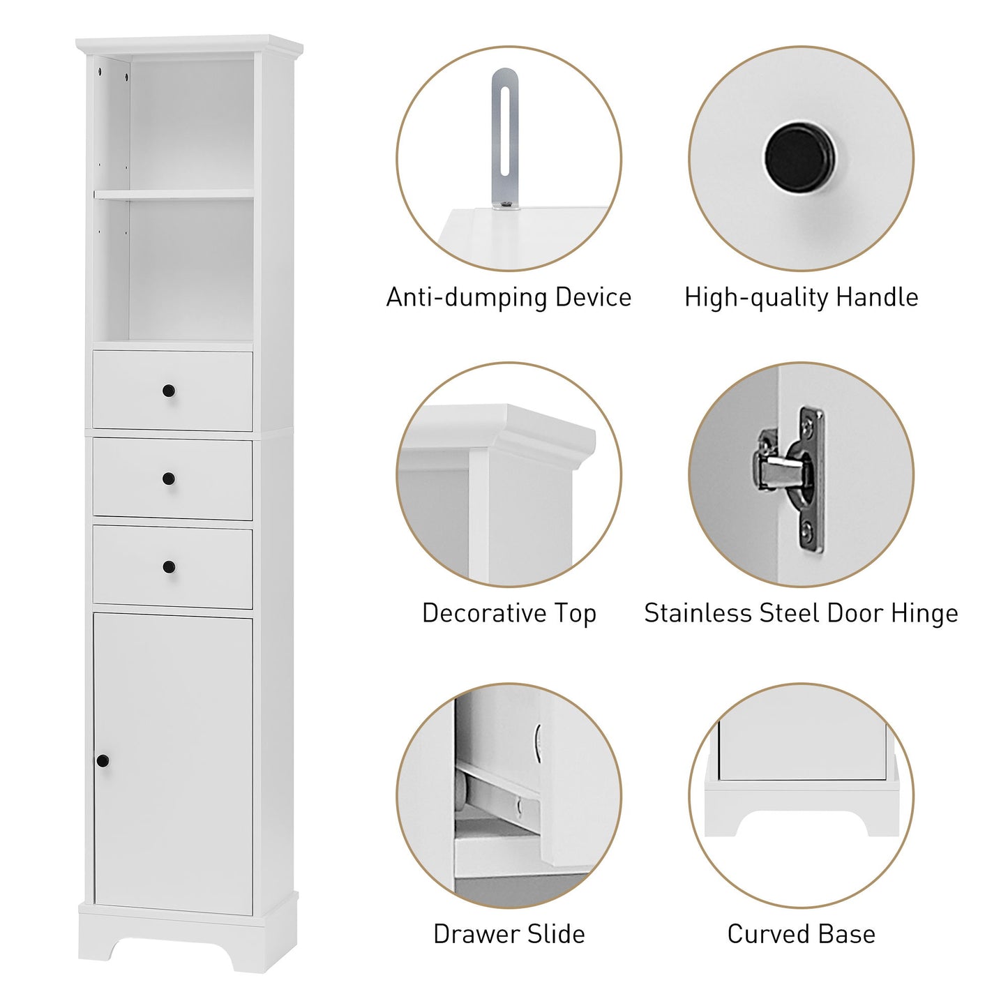 Tall Storage Cabinet With 3 Drawers And Adjustable Shelves For Bathroom