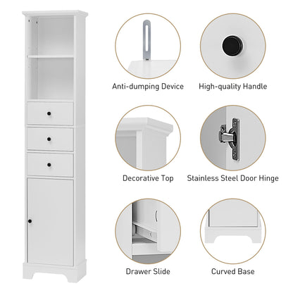 Tall Storage Cabinet With 3 Drawers And Adjustable Shelves For Bathroom