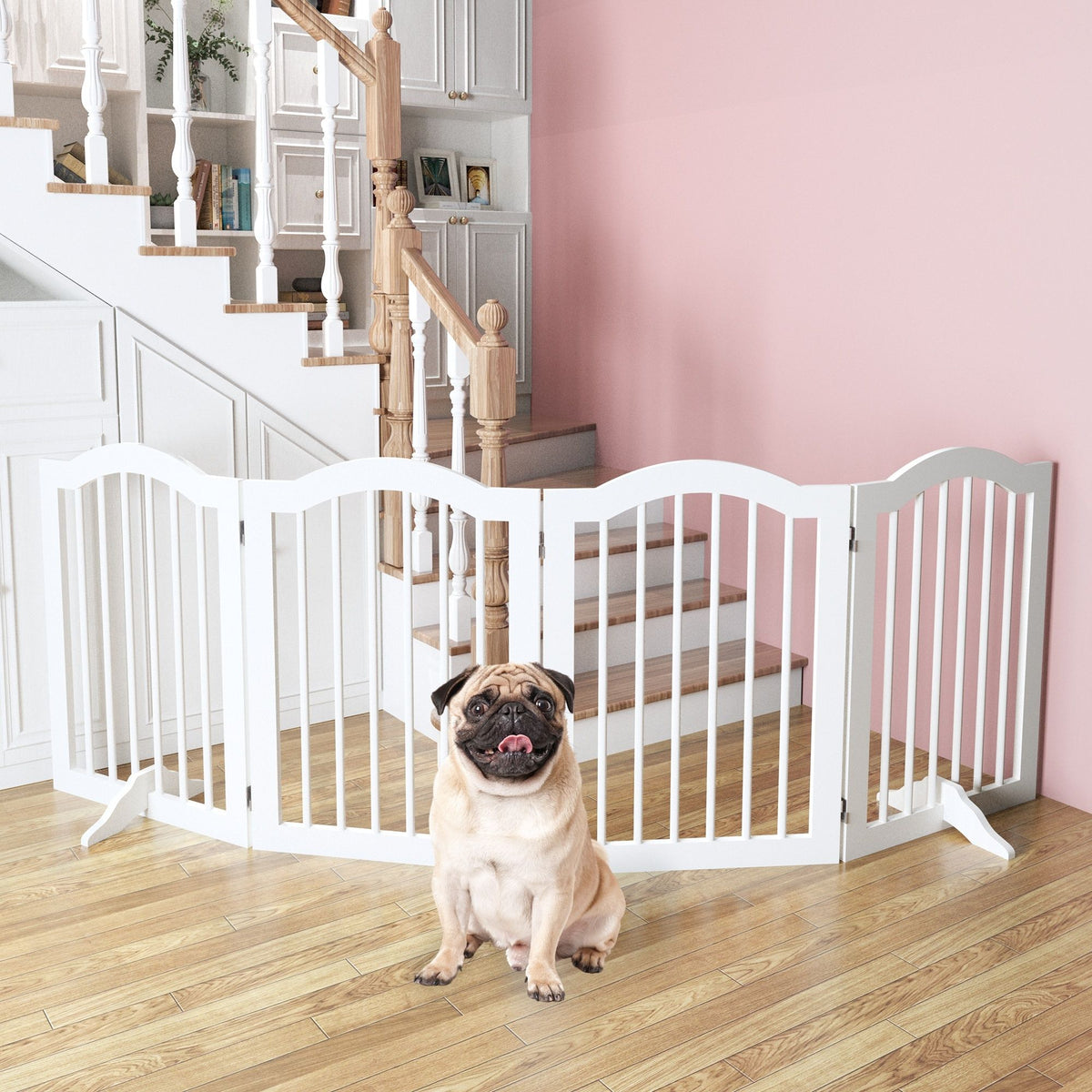 4 Panel Freestanding Pet Gate With Foldable Design And Support Feet - White