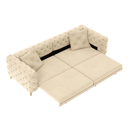 3 In 1 Convertible Sleeper Sofa, Pull Out Bed, Button Tufted, 4 Seater Couch With Movable Ottoman For Apartment - Apricot