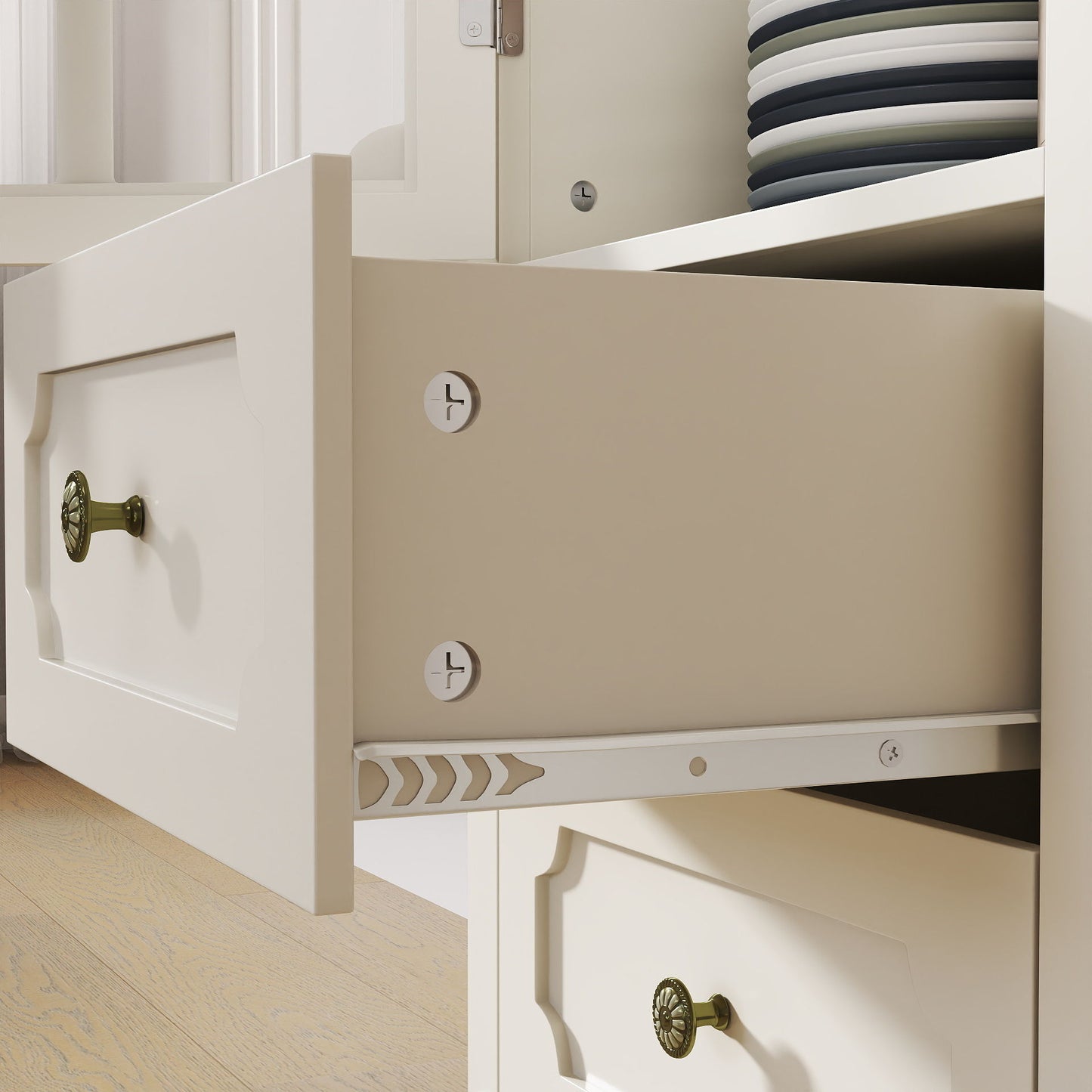 Minimalism Buffet Cabinet With Glass Doors And Double Drawer