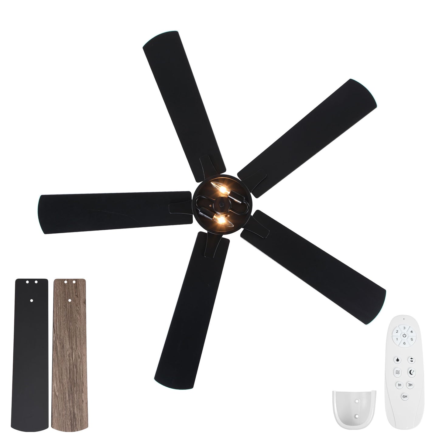 Ceiling Fan With Light, Dual‑Sided Matte Black & Wood Grain Blades - Black