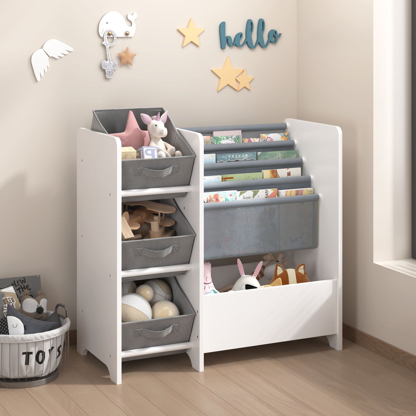 Bookshelf And Toy Storage Organizer, Multifunctional 4 Tier With 3 Collapsible Drawers - White
