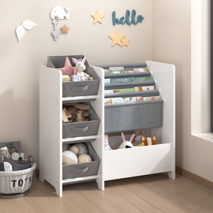Bookshelf And Toy Storage Organizer, Multifunctional 4 Tier With 3 Collapsible Drawers - White