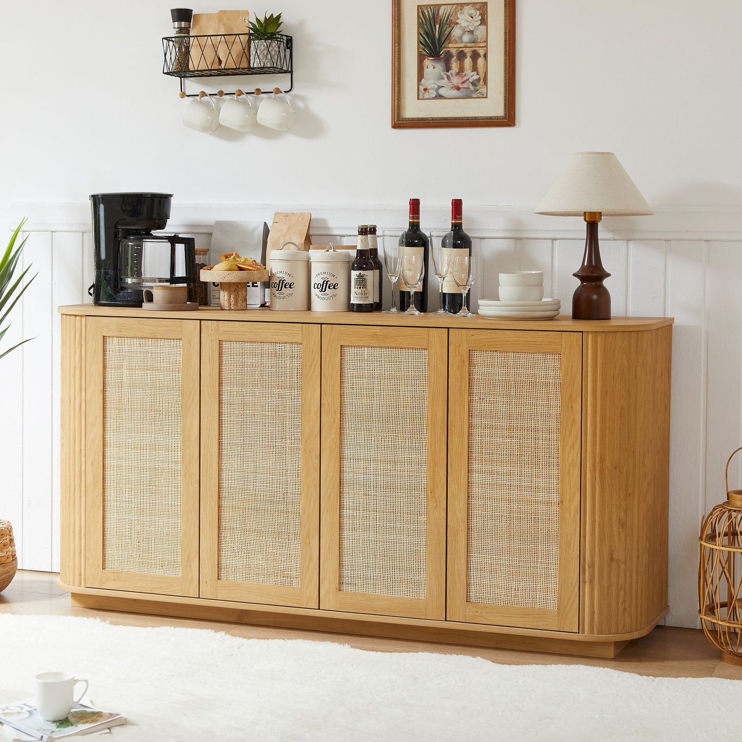 Contemporary Wave Shaped TV Stand With Rattan Doors