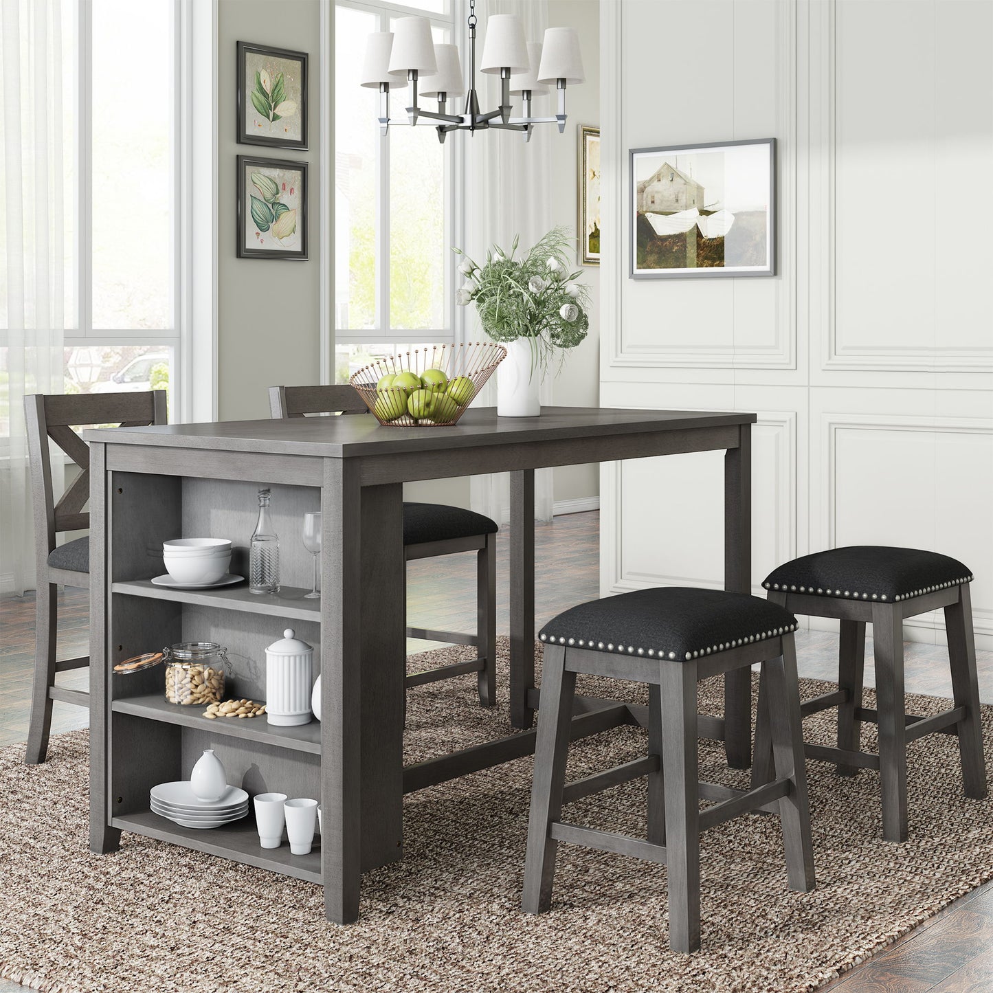 5 Pieces Counter Height Rustic Farmhouse Dining Room Wooden Bar Table Set With 2 Stools And 2 Chairs