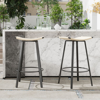 Counter Height Bar Stools Backless Handwoven Kitchen Dining Chairs With Round Footrest (Set of 2) Weaving Pub Stoo - Creamy White