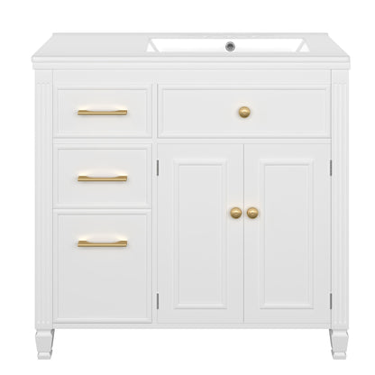 Modern Bathroom Vanity With Ceramic Sink, Freestanding, One Tip Out Drawer, 3 Side Drawers, Adjustable Shelf