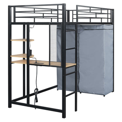 Loft Bed With Desk, Shelves, Power Outlet, LED Light And Wardrobe