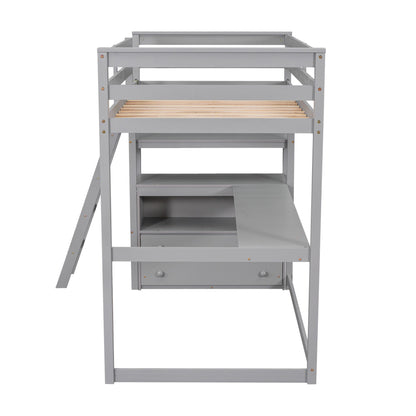 Modern Loft Bed With Built In Desk, Shelves, And 2 Drawers