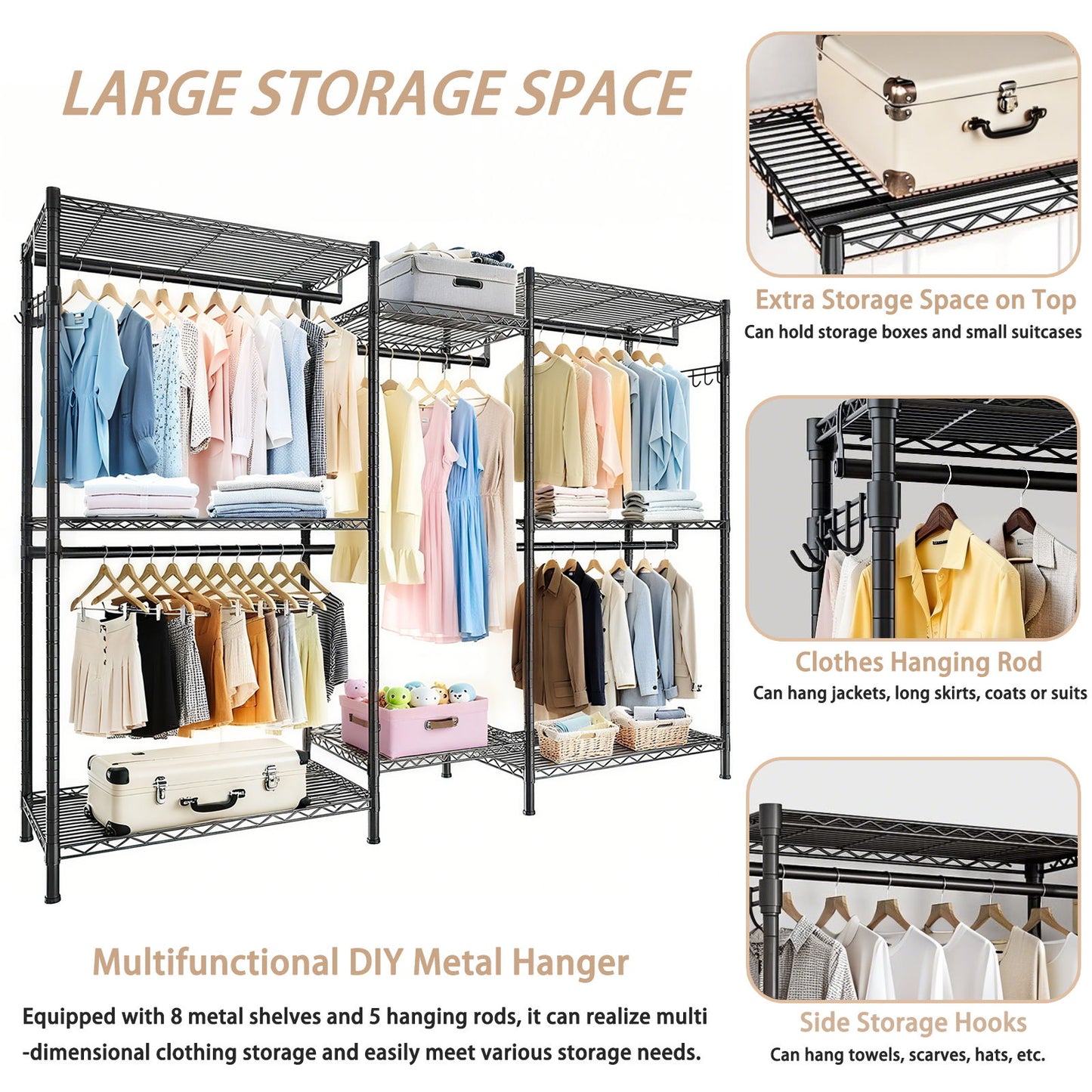 Heavy Duty Garment Rack With 8 Adjustable Wire Shelves And 5 Clothes Rails, Freestanding Closet Organizer Metal - Black