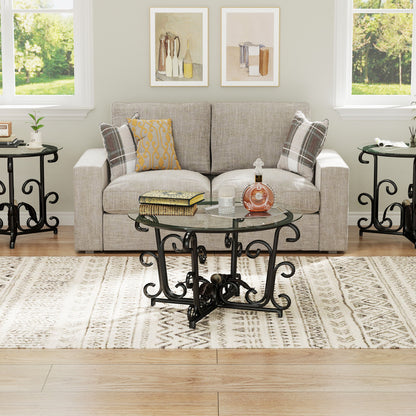 3 Piece Coffee Table Set With Tempered Glass Surface - Black