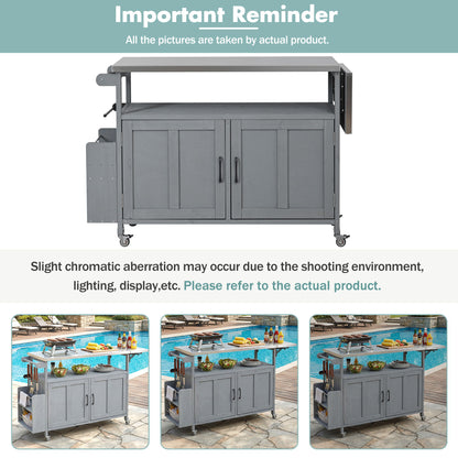 Foldable Outdoor Kitchen Island With Lockable Wheels, Storage Cabinet And Towel Rack For Patio