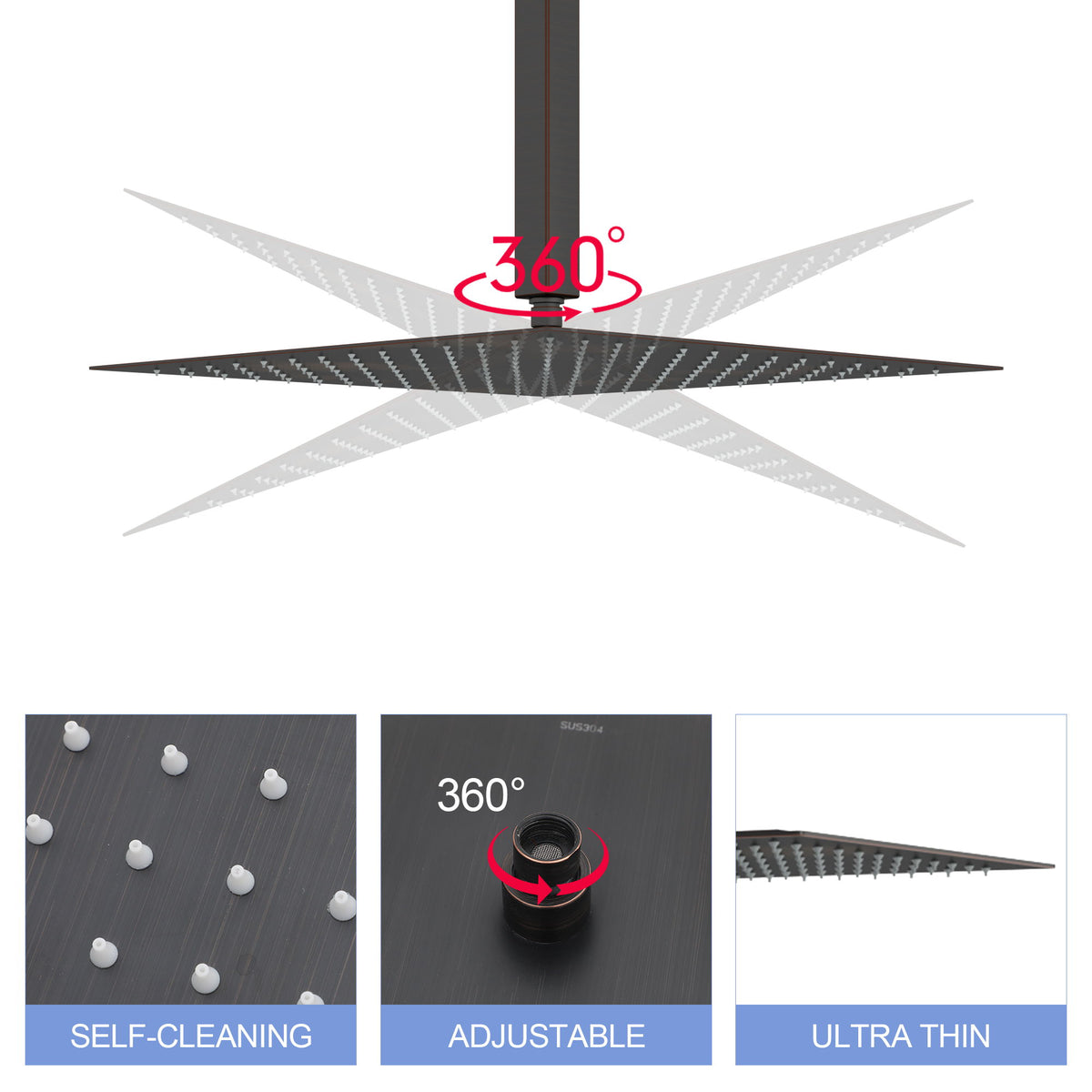 16" Square Rainfall Shower Head Fixed Wall Mount With Full Body Coverage & Self Cleaning Silicone Nozzles