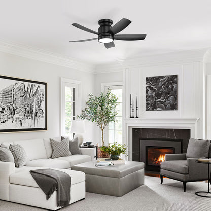 Flush Mount Ceiling Fan With 18W LED Light And Remote Control Blades - Black
