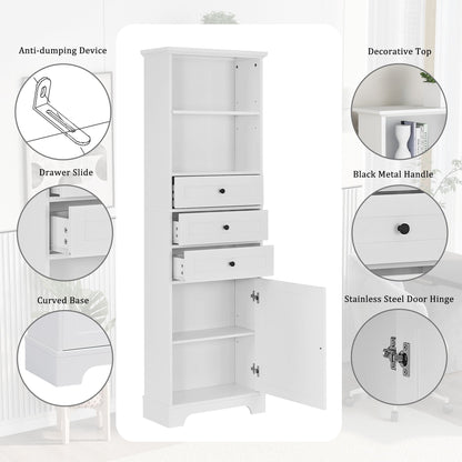 Tall Storage Cabinet With 3 Drawers And Adjustable Shelves For Bathroom