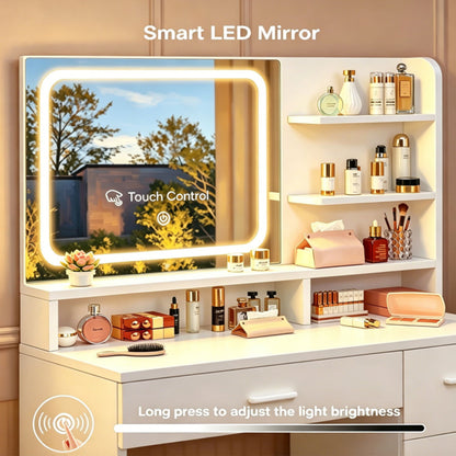 Vanity With LED Mirror And Storage Drawers For Bedrooms - Cream White