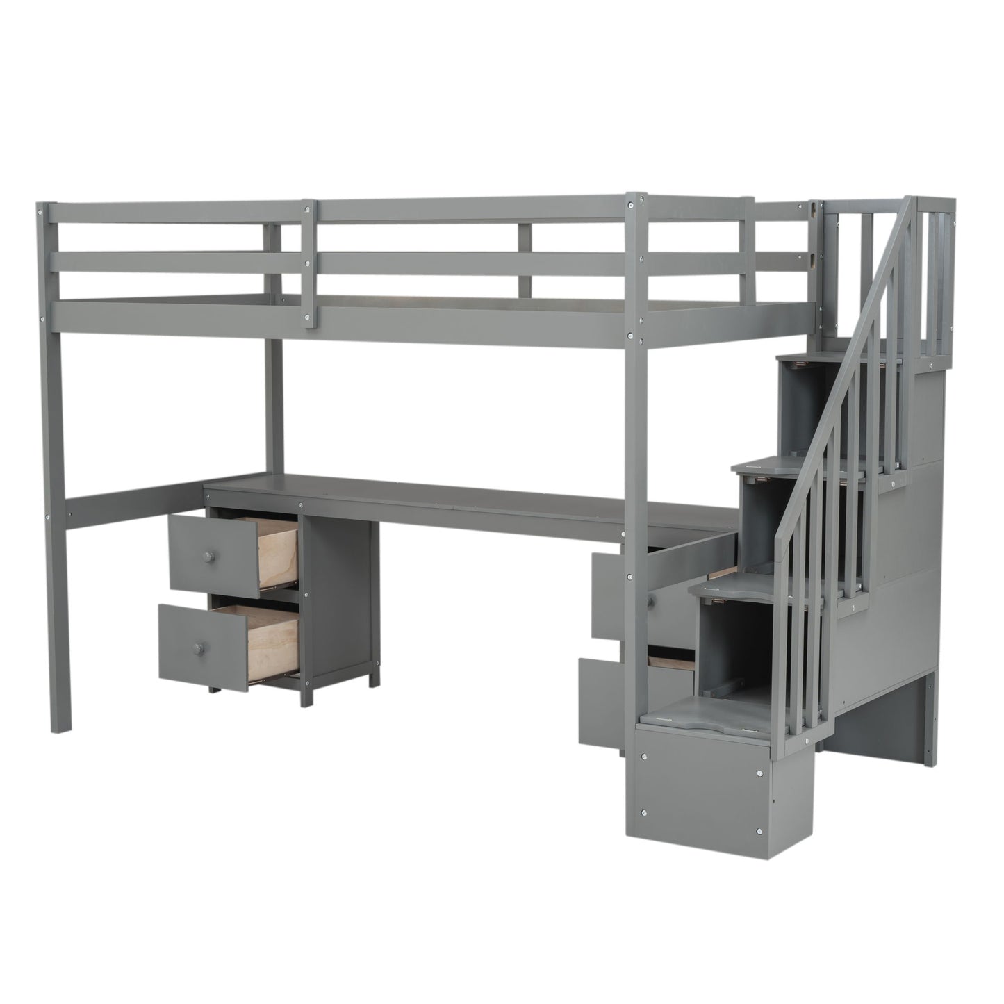 Loft Bed Frame With Built In Desk And Double Storage Drawers