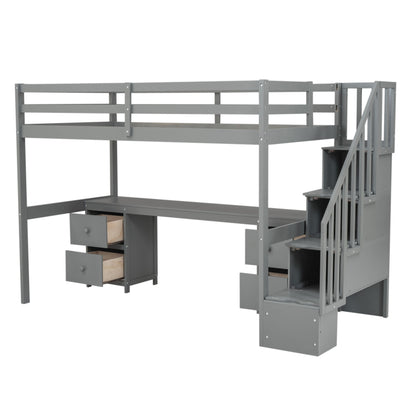 Loft Bed Frame With Built In Desk And Double Storage Drawers
