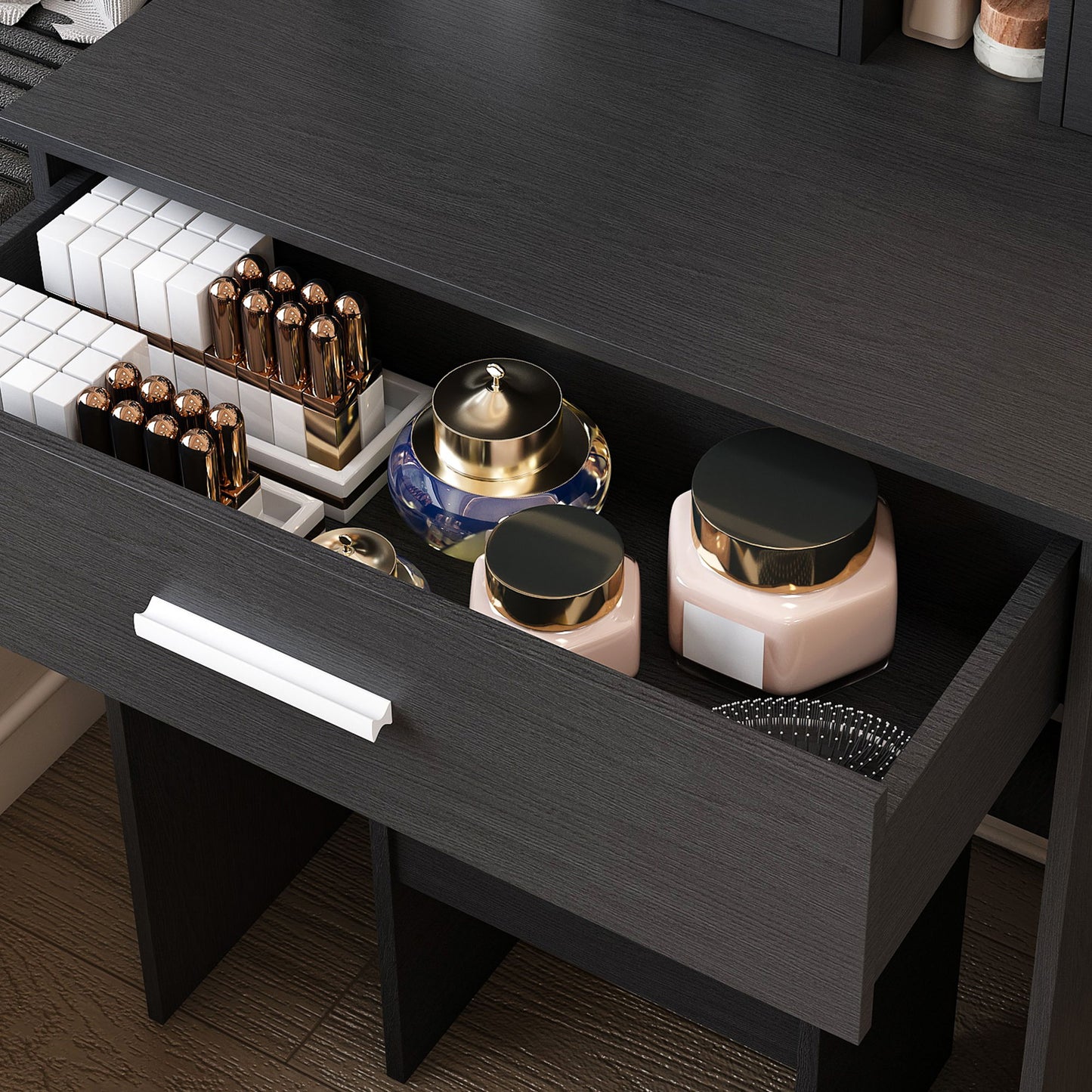 Vanity Table With Mirror, Adjustable LED Lights, Power Outlet, Hairdryer Holder & Stool