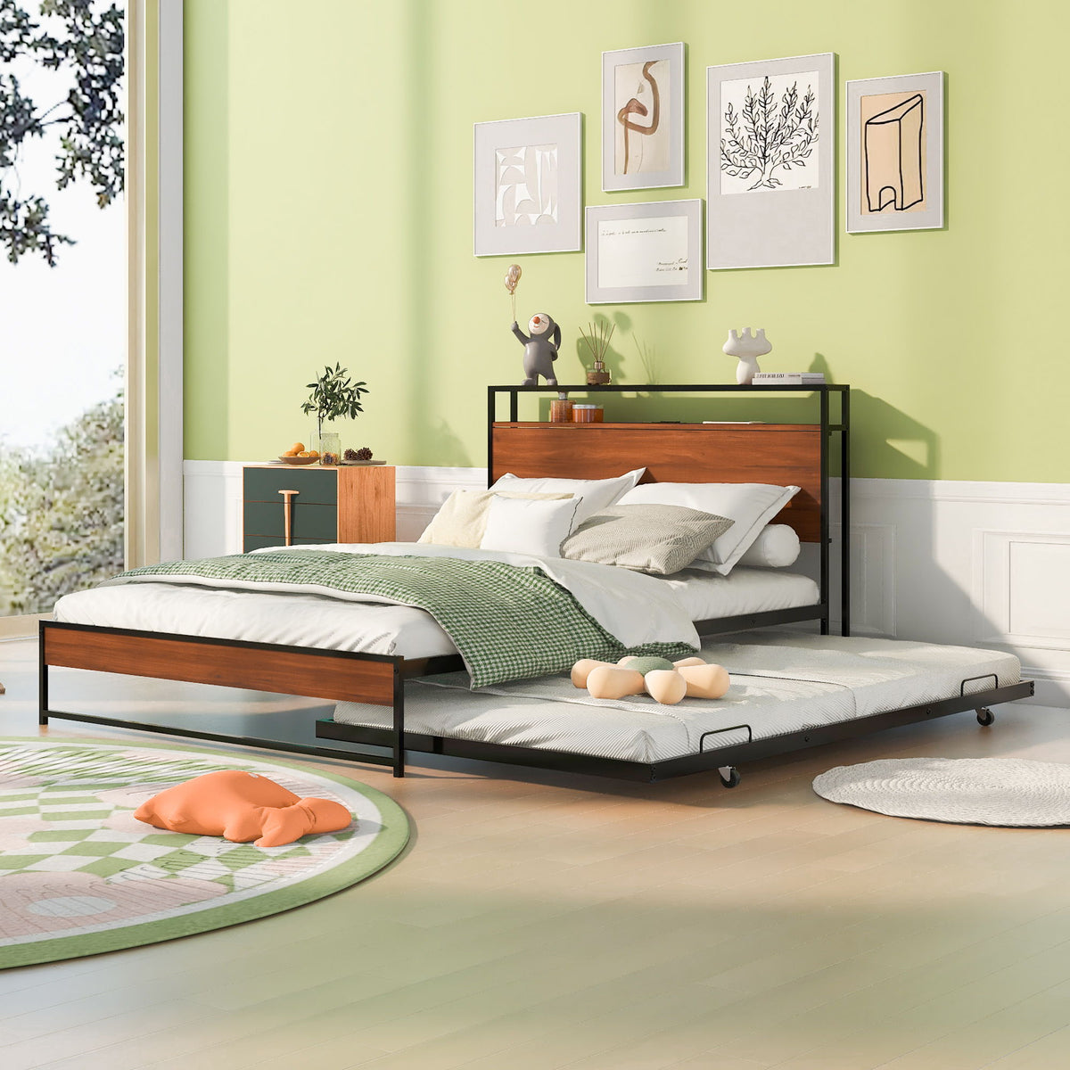 Platform Bed Frame With Trundle, USB Ports And Slat Support, No Box Spring Needed