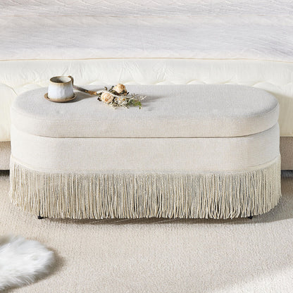 Oval Upholstered Storage Ottoman With Fringe Trim & Lift Top Lid