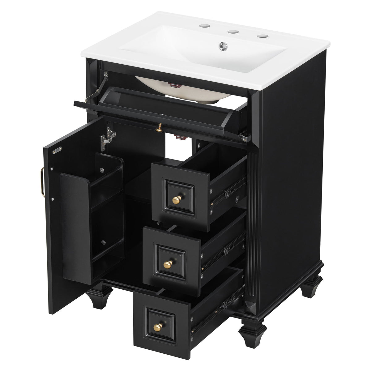 Freestanding Bathroom Vanity With Sink, 3 Drawers & Flip-Out Drawer