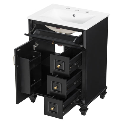 Freestanding Bathroom Vanity With Sink, 3 Drawers & Flip-Out Drawer