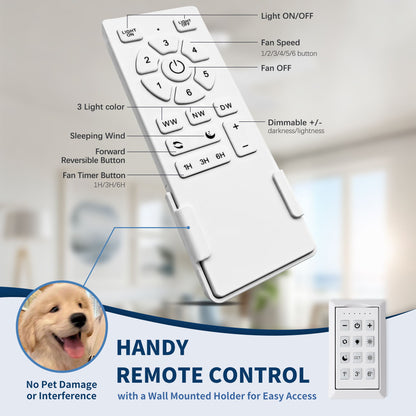 Ceiling Fan With Remote Control, Reversible DC Motor, 6 Speeds, 3 Dimmable LED, Quiet Timer For Indoor - White
