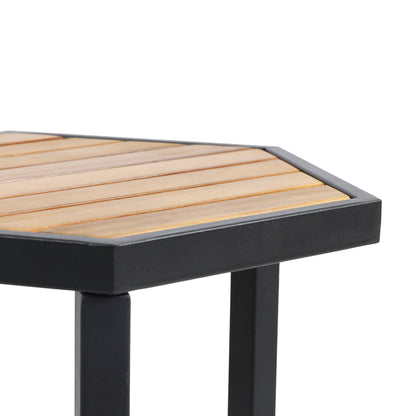 Outdoor Side Table With Iron Base And Slatted Top - Brown