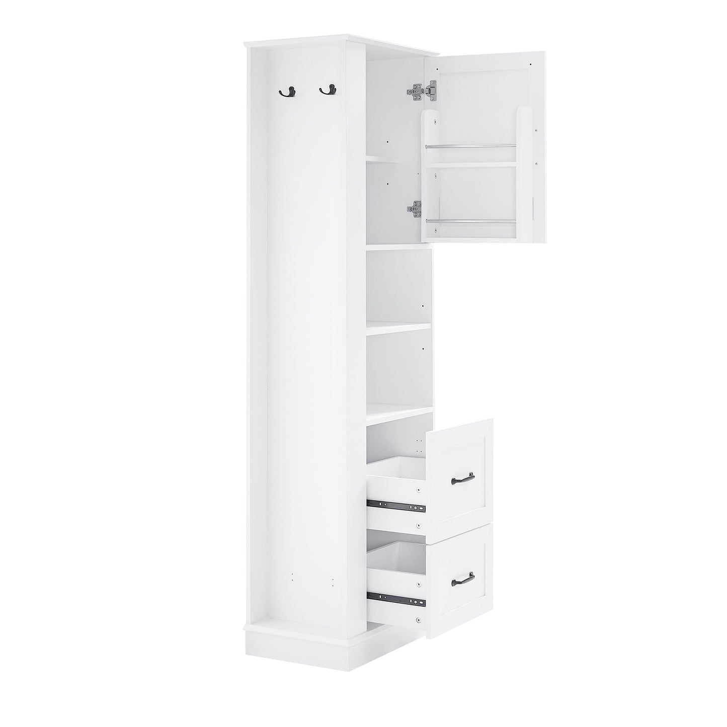 Freestanding Bathroom Storage Cabinet With Adjustable Shelves And Side Hooks Board, Rectangle Design