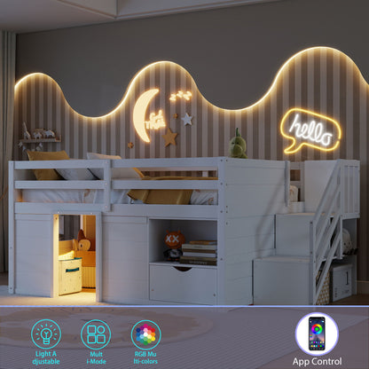 Low Loft Bed Frame With Built In Stairs, Storage Drawer, Shelf And 7 Color LED Light