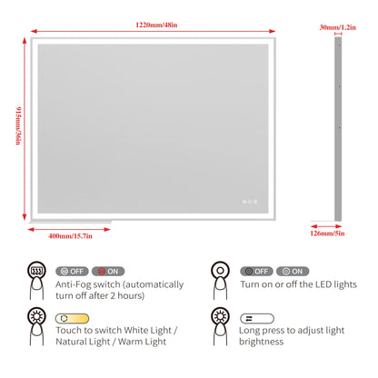 LED Bathroom Vanity Mirror Wall Mounted Adjustable / Warm / Natural Lights Anti-Fog Touch Switch With Memory Modern Smart Large Bathroom Mirrors