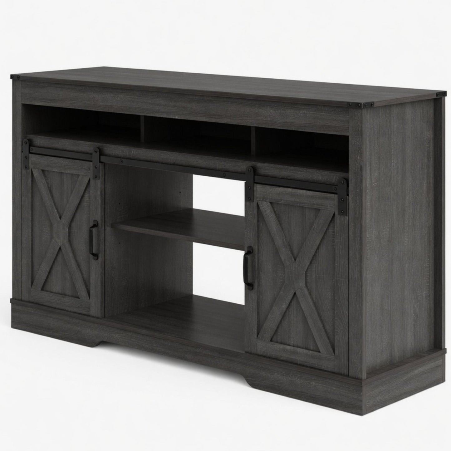 Farmhouse TV Stand With Sliding Barn Doors & Adjustable Storage