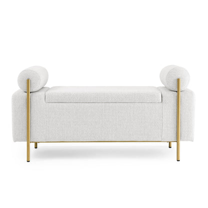Elegant Upholstered Storage Bench With Cylindrical Arms And Iron Legs,