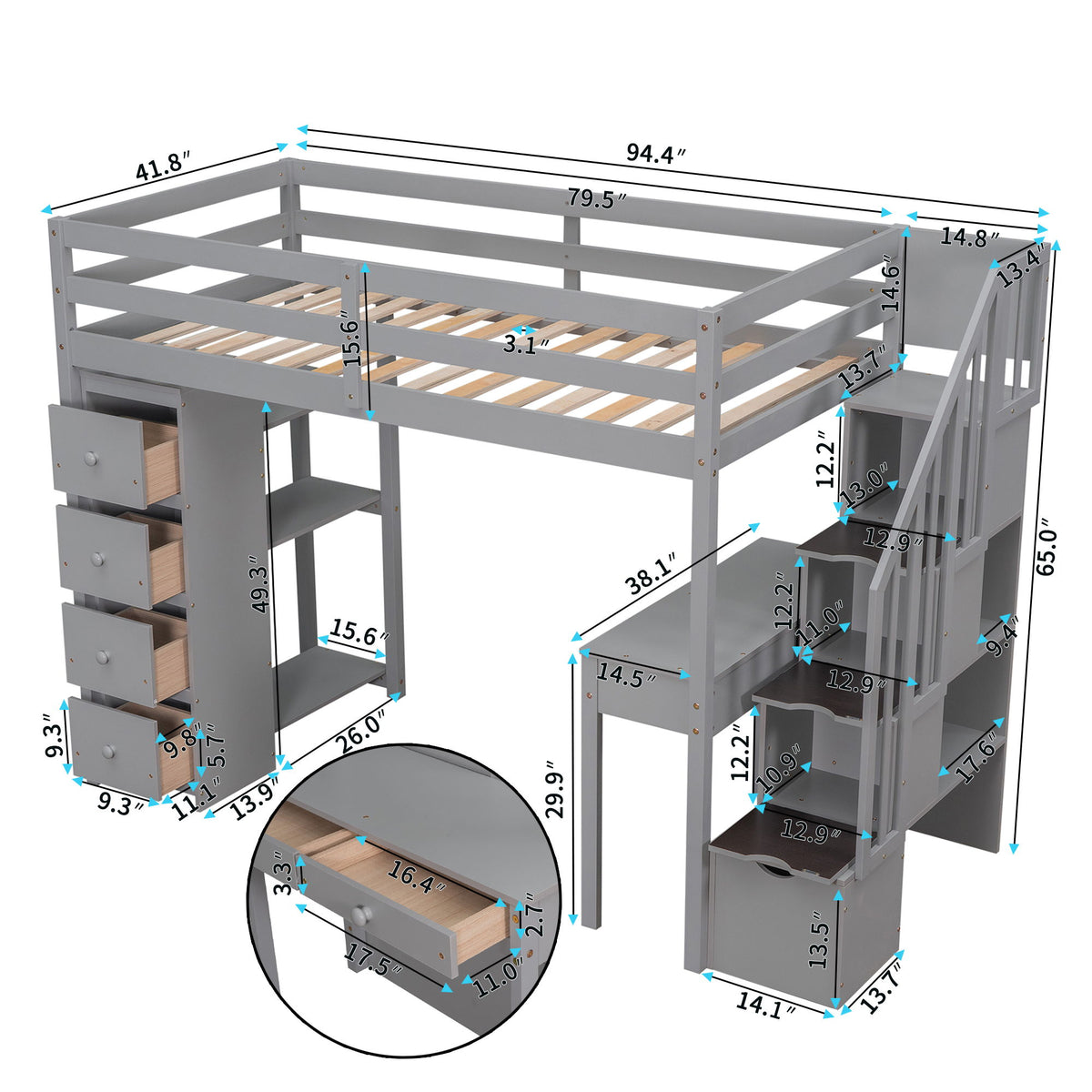 Loft Bed With Storage Drawers, Desk And Stairs With Shelves