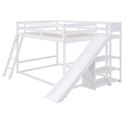 Bunk Bed With Ladder, Slide, And Shelves Pine Wood