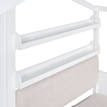 House Bed With Sofa, Kids Platform Bed With 2 Drawers And Storage Shelf