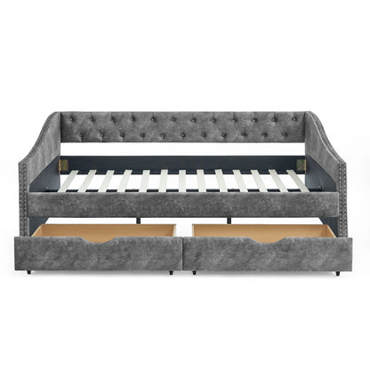 Upholstered Tufted Daybed With Drawers, Waved Arms