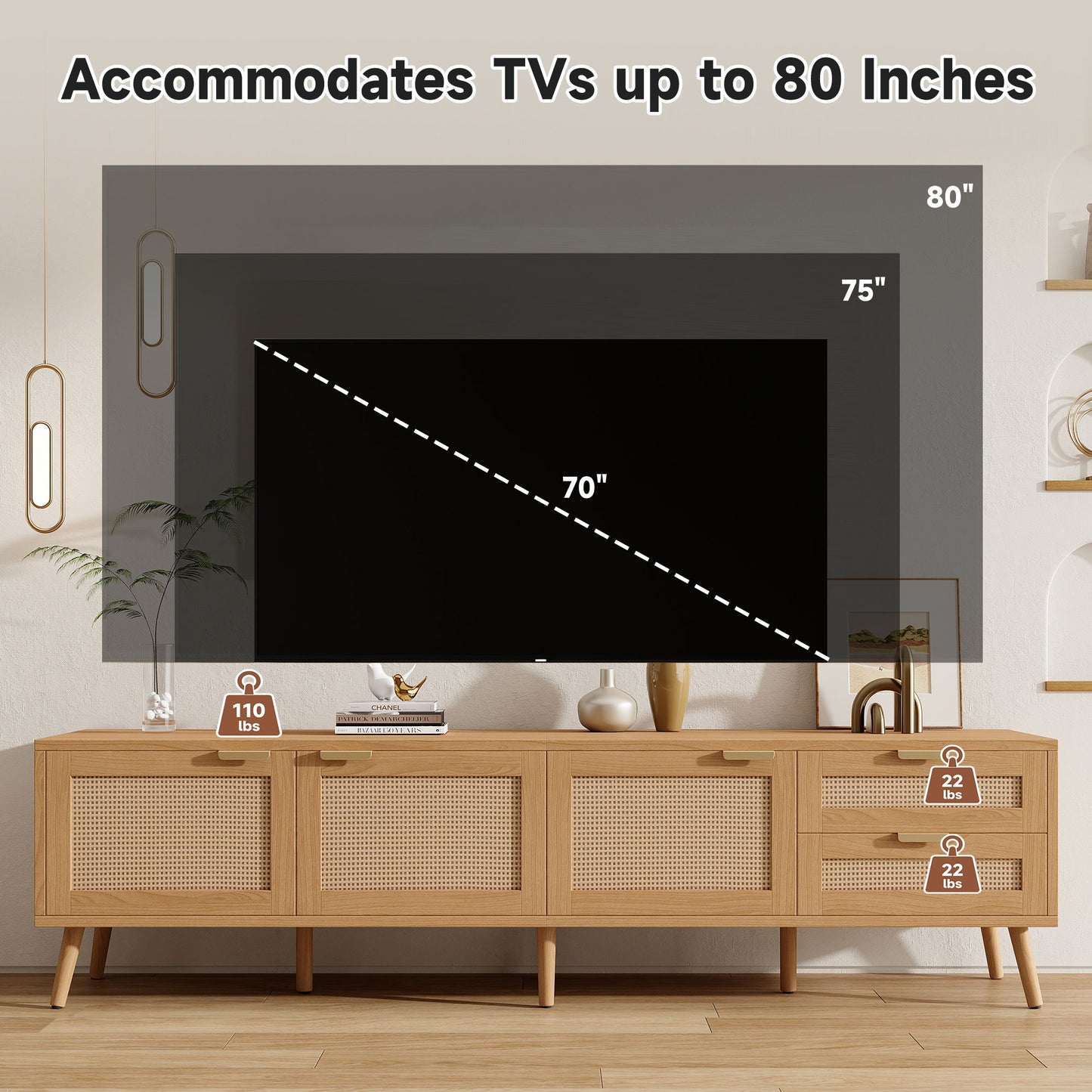 TV Stand, Media Console, 2 Drawers & Cable Management - Natural Wood