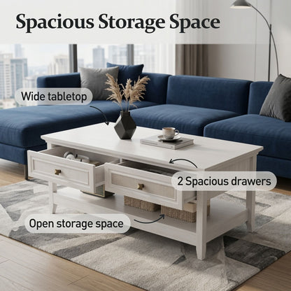Coffee Table With Drawers & Storage Shelf - White