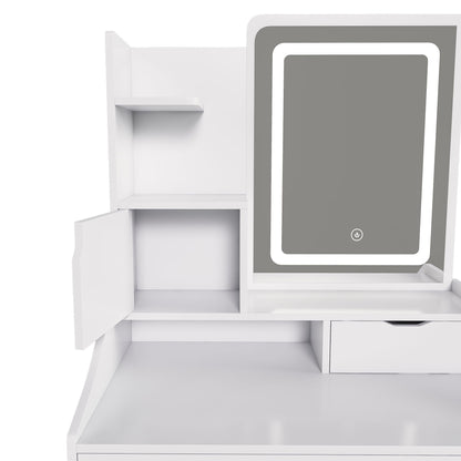 3 Color LED Vanity Mirror With Stool, Dressing Table For Bedroom, 2 Drawers & 5 Storage Cabinets (4 Open + 1 Hidden), Adjustable Lighting - White