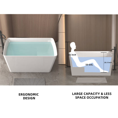 Freestanding Bathtub With Built In Seat, Rectangle Shape, Invisible Overflow & Pop Up Drain - Gloss White